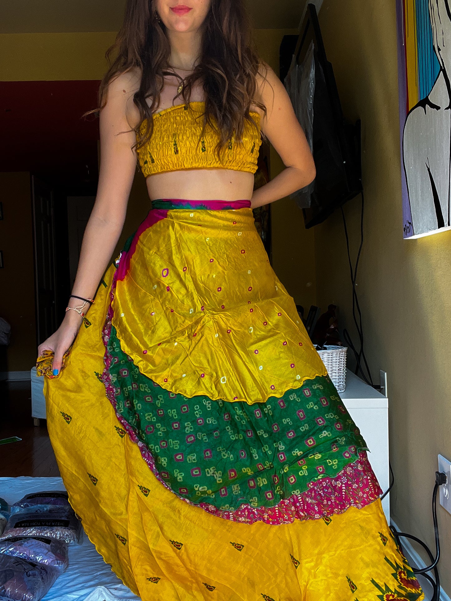 sari wrap skirt #86- yellow, green, pink