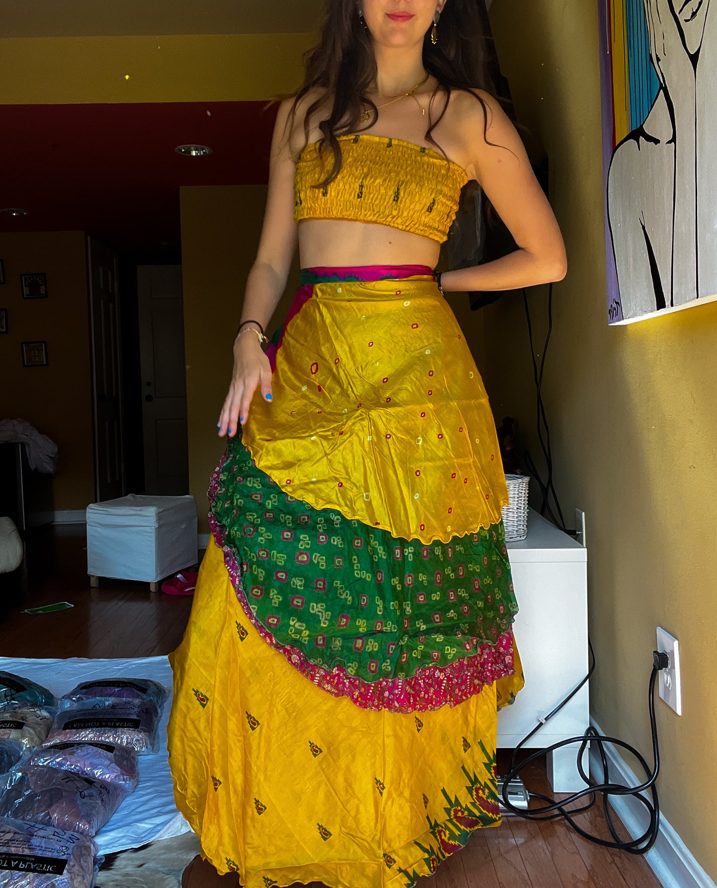 sari wrap skirt #86- yellow, green, pink