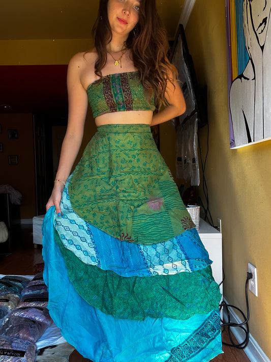 sari wrap skirt #87- green, blue