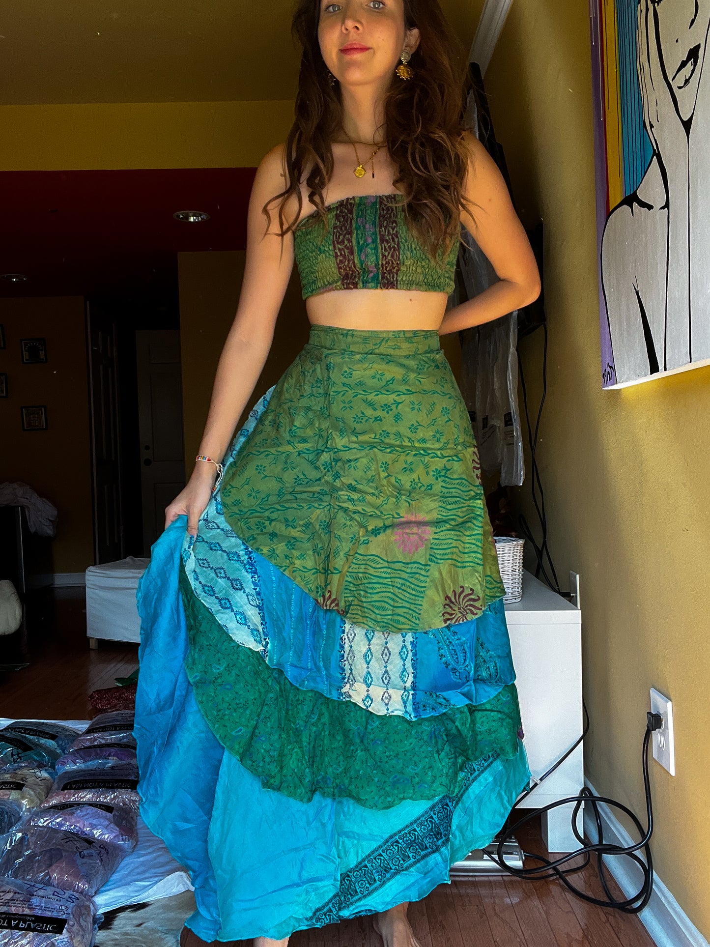 sari wrap skirt #87- green, blue