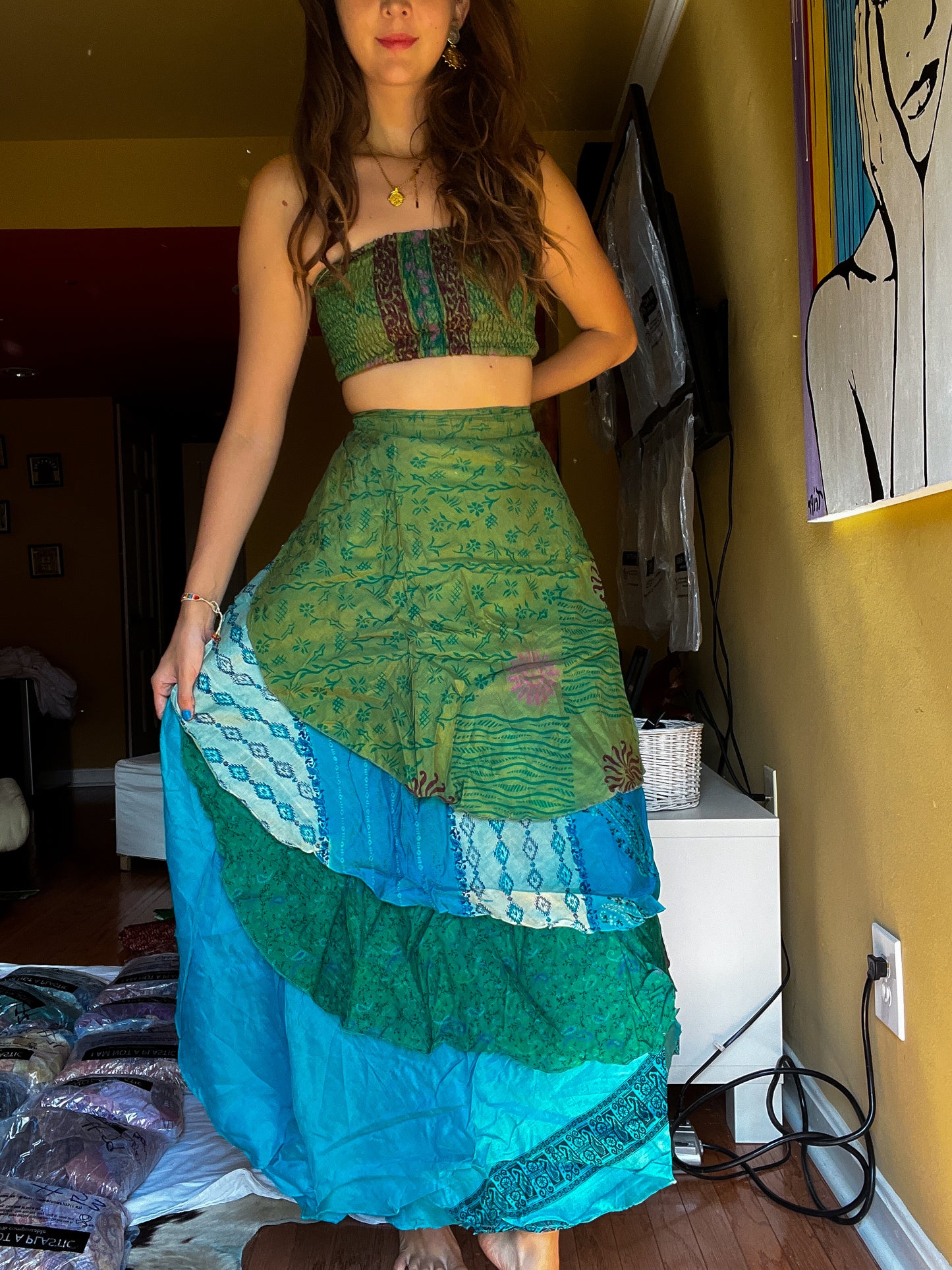 sari wrap skirt #87- green, blue