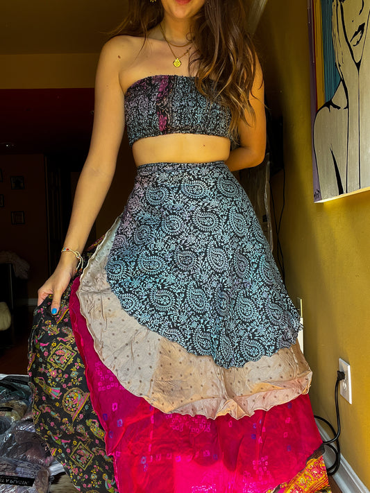 sari wrap skirt #88- black, pink