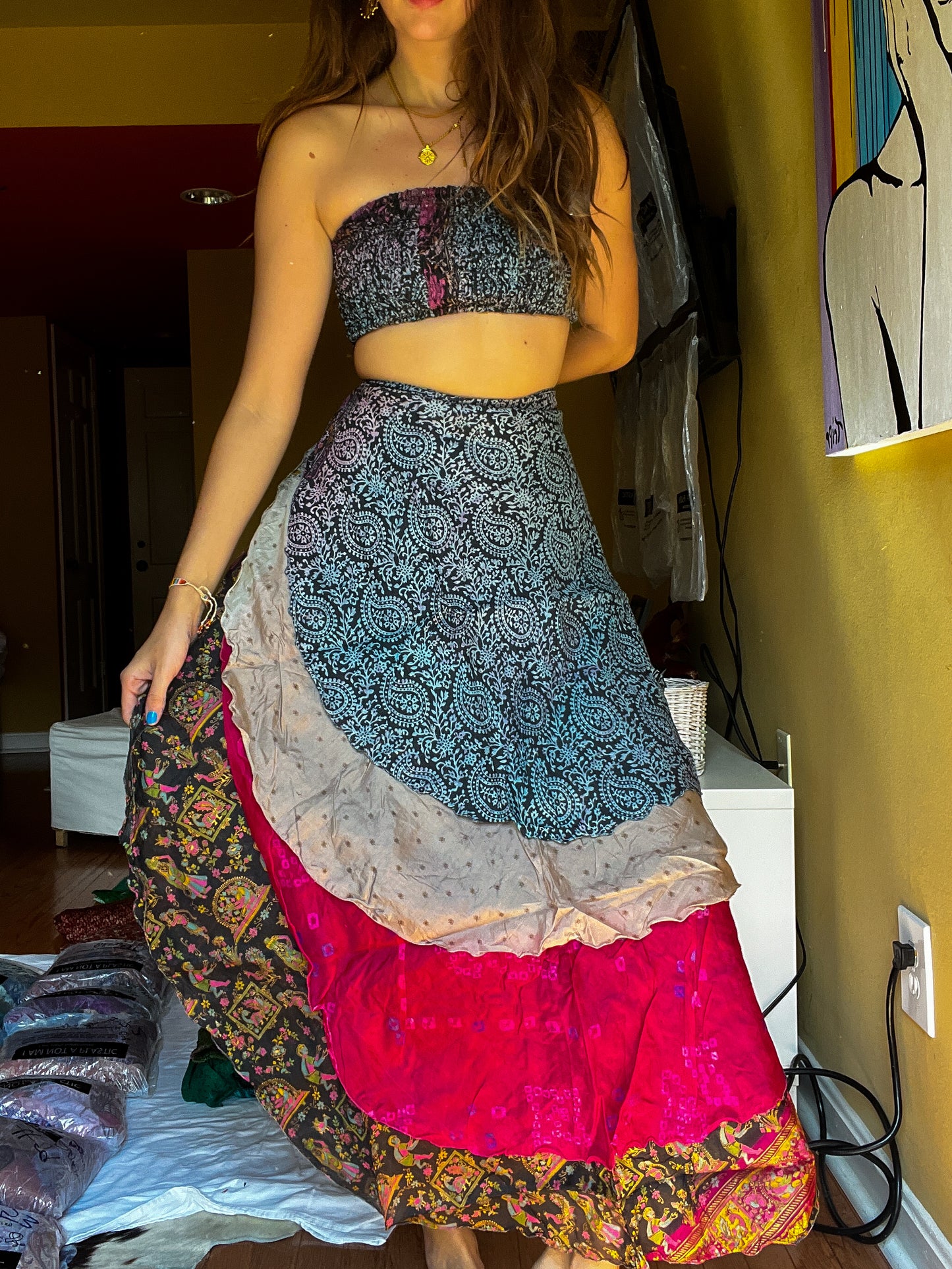 sari wrap skirt #88- black, pink