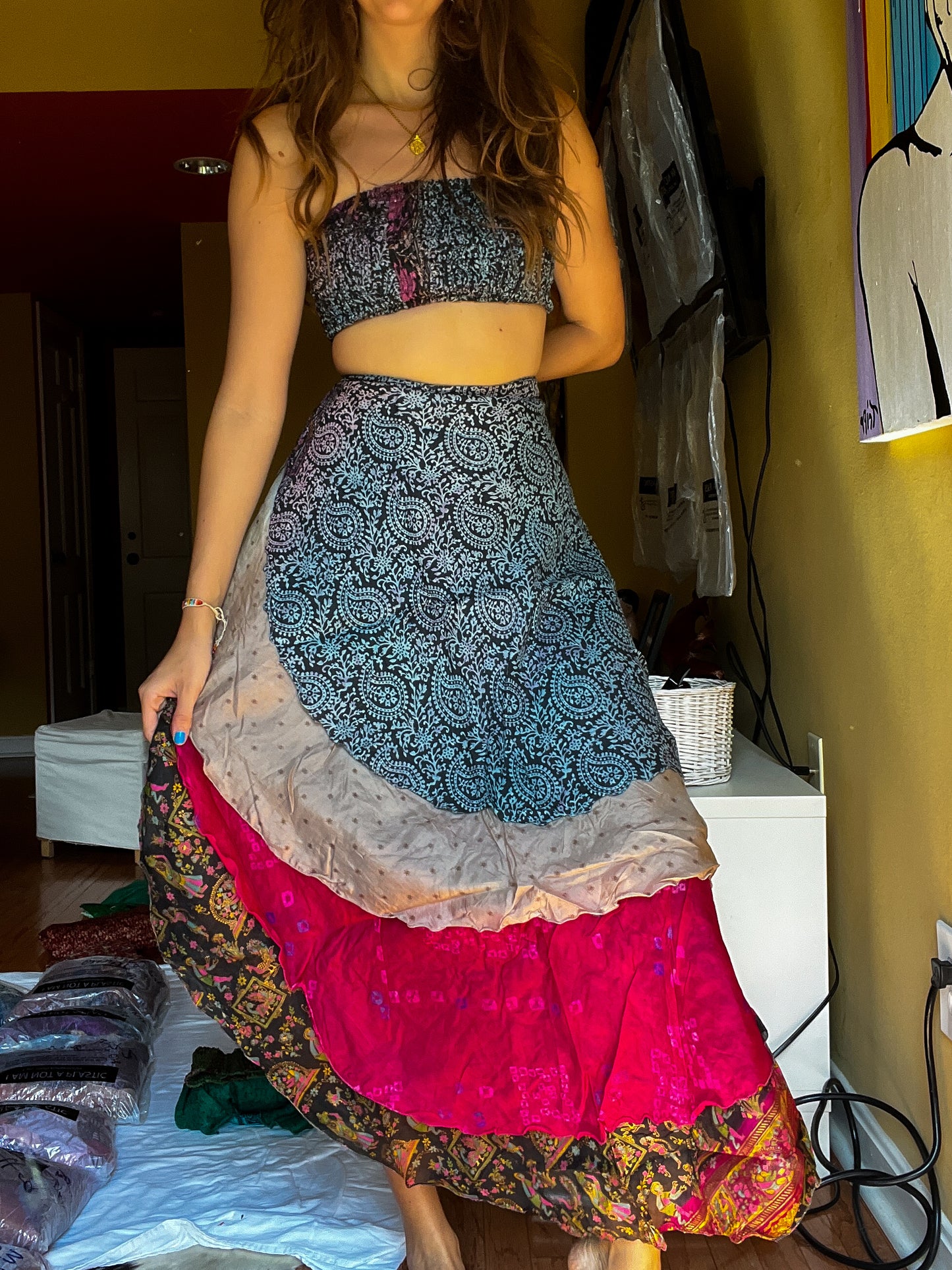 sari wrap skirt #88- black, pink
