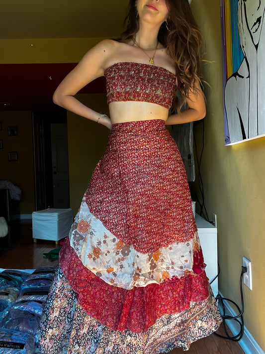 sari wrap skirt #89- red, white, black