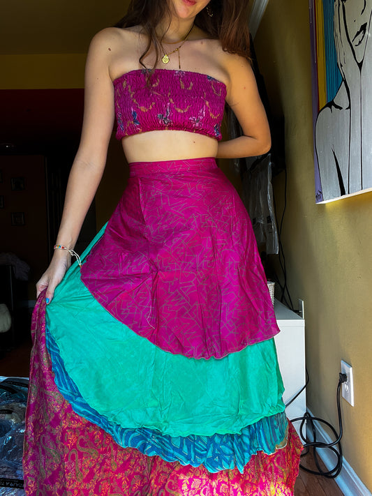sari wrap skirt #90- pink, aquamarine
