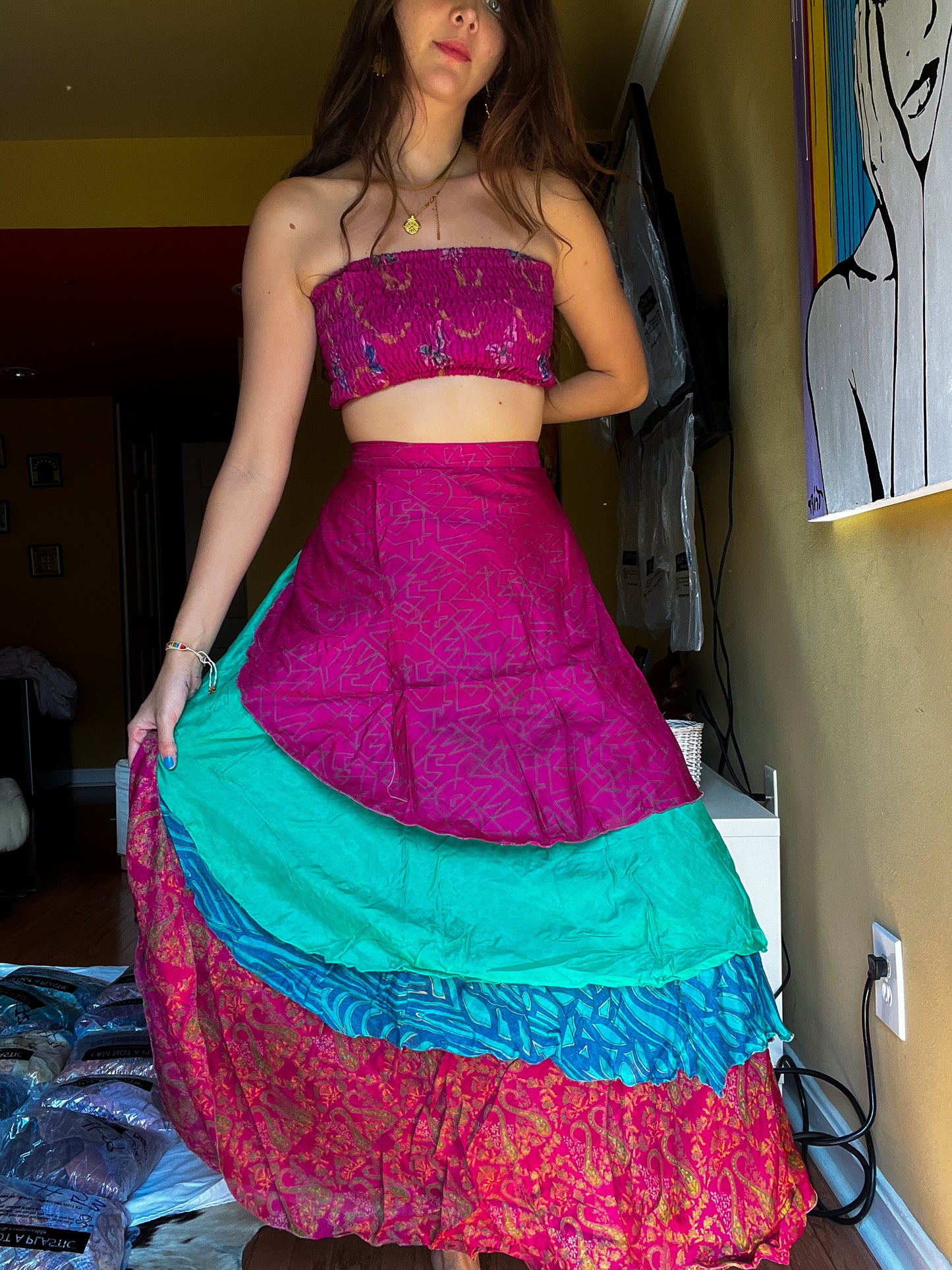 sari wrap skirt #90- pink, aquamarine