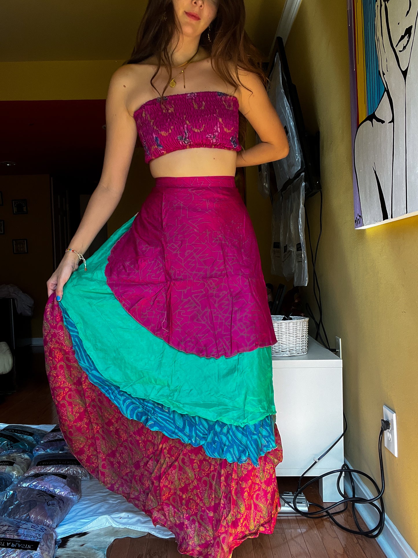 sari wrap skirt #90- pink, aquamarine