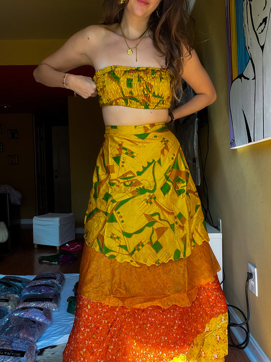 sari wrap skirt #91- yellow, orange
