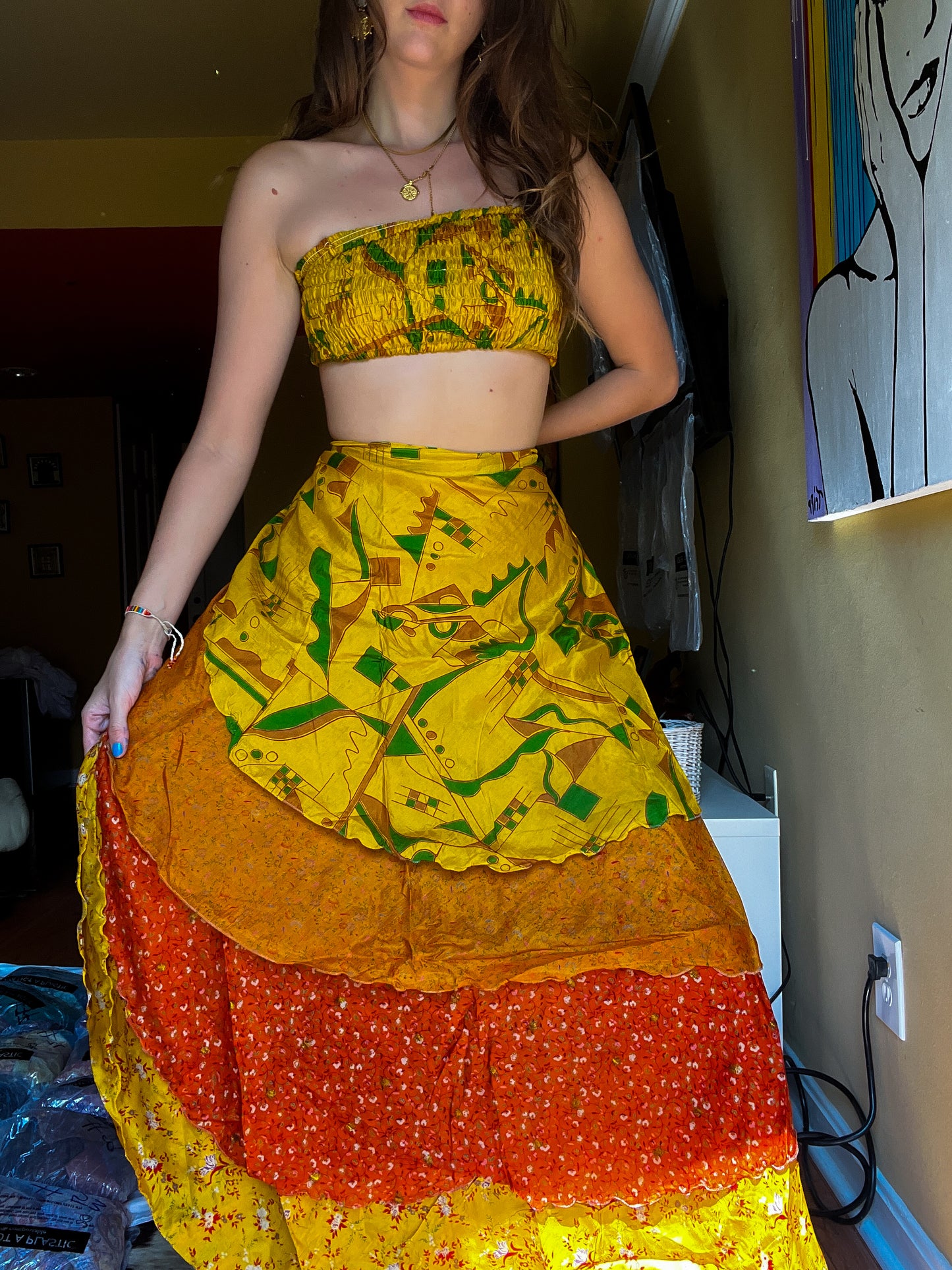 sari wrap skirt #91- yellow, orange