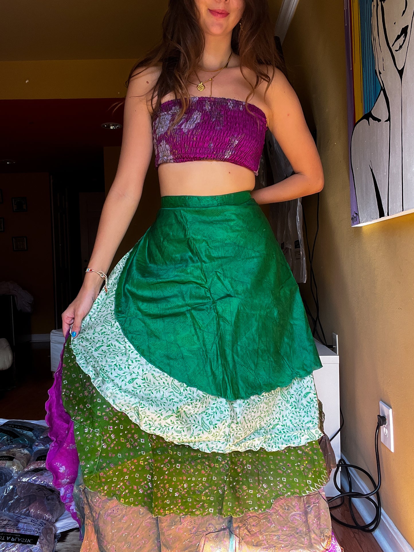 sari wrap skirt #92- purple, green