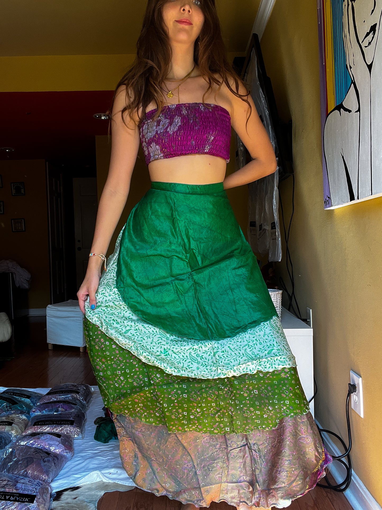 sari wrap skirt #92- purple, green