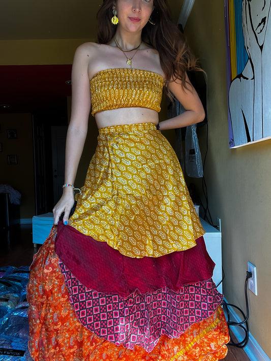 sari wrap skirt #93- yellow, brown