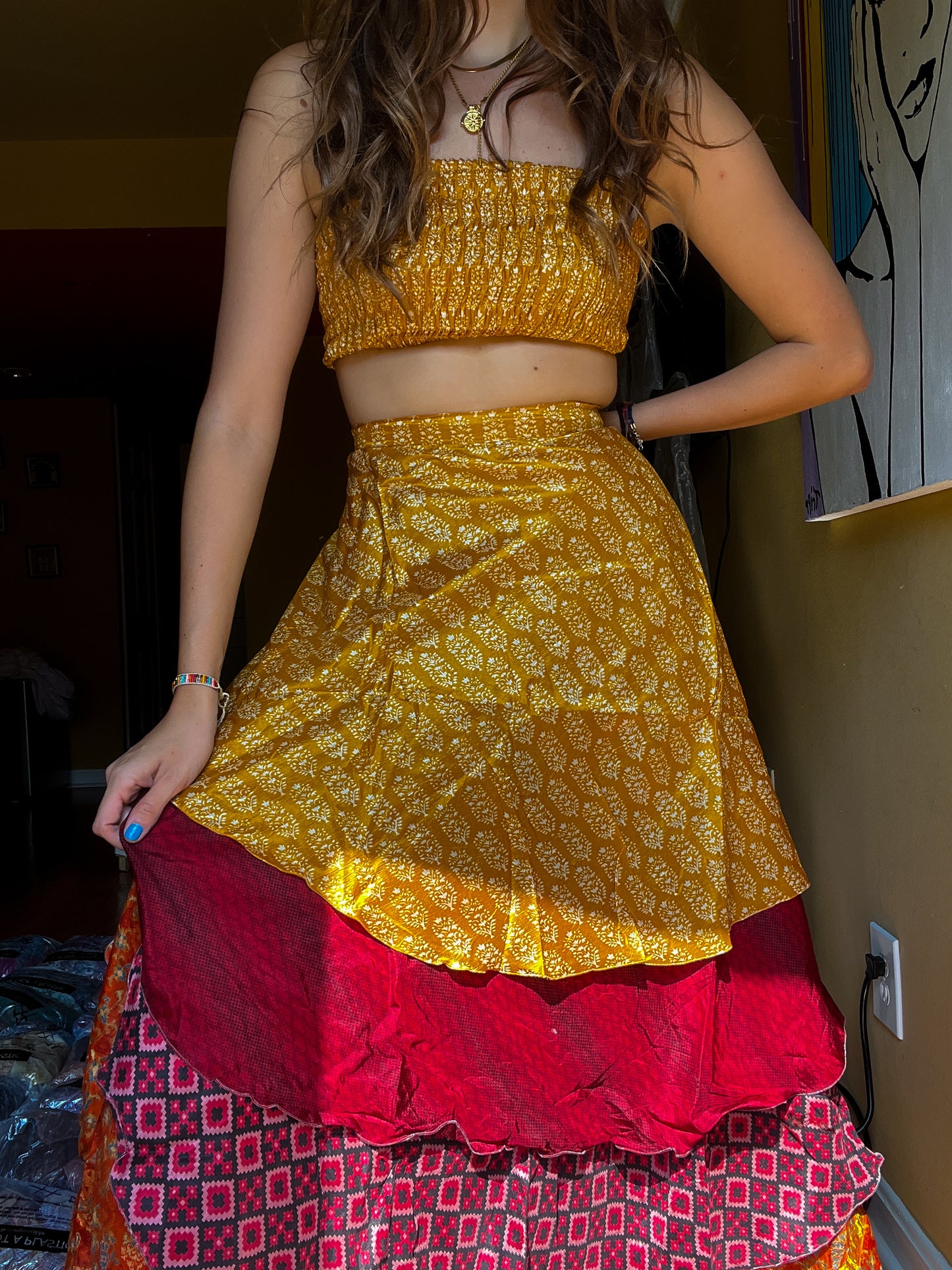 sari wrap skirt #93- yellow, brown