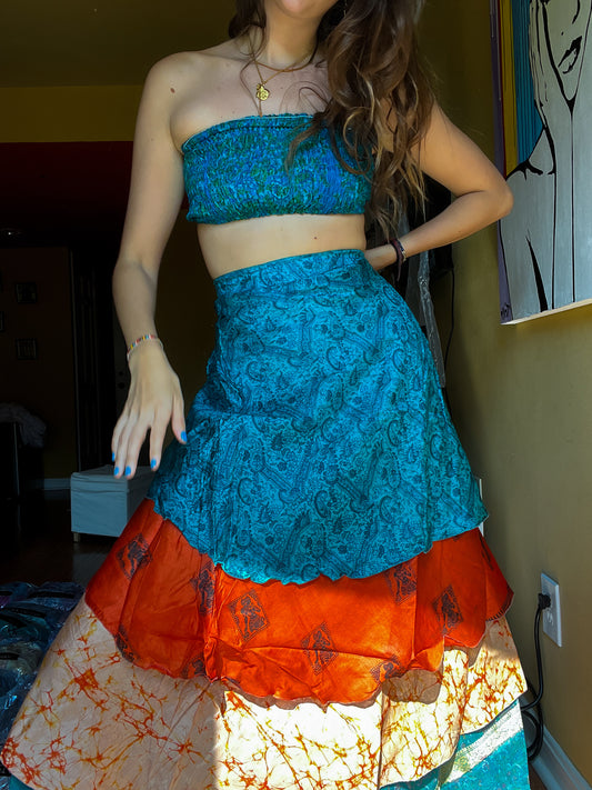 sari wrap skirt #94- blue, orange