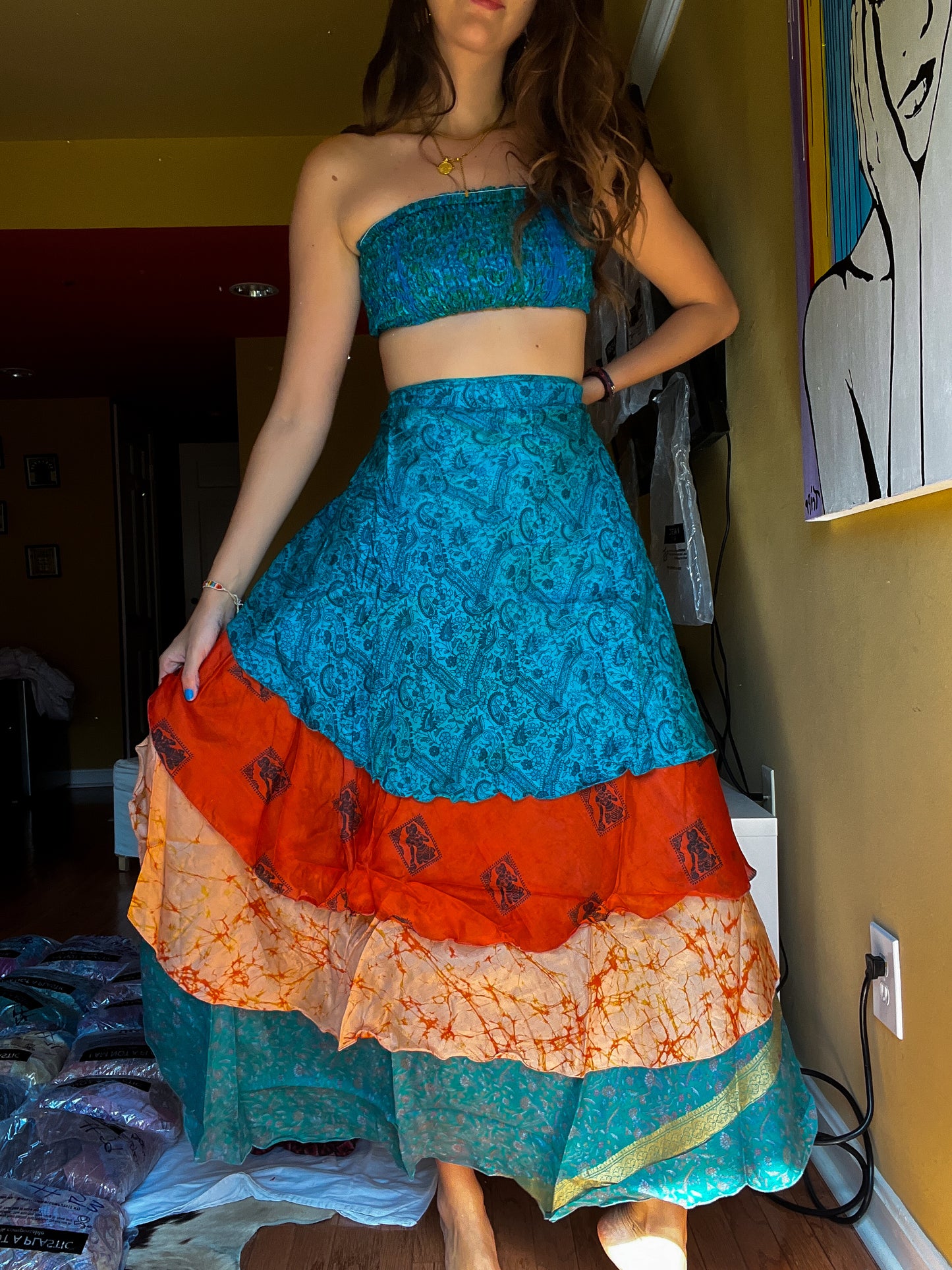sari wrap skirt #94- blue, orange