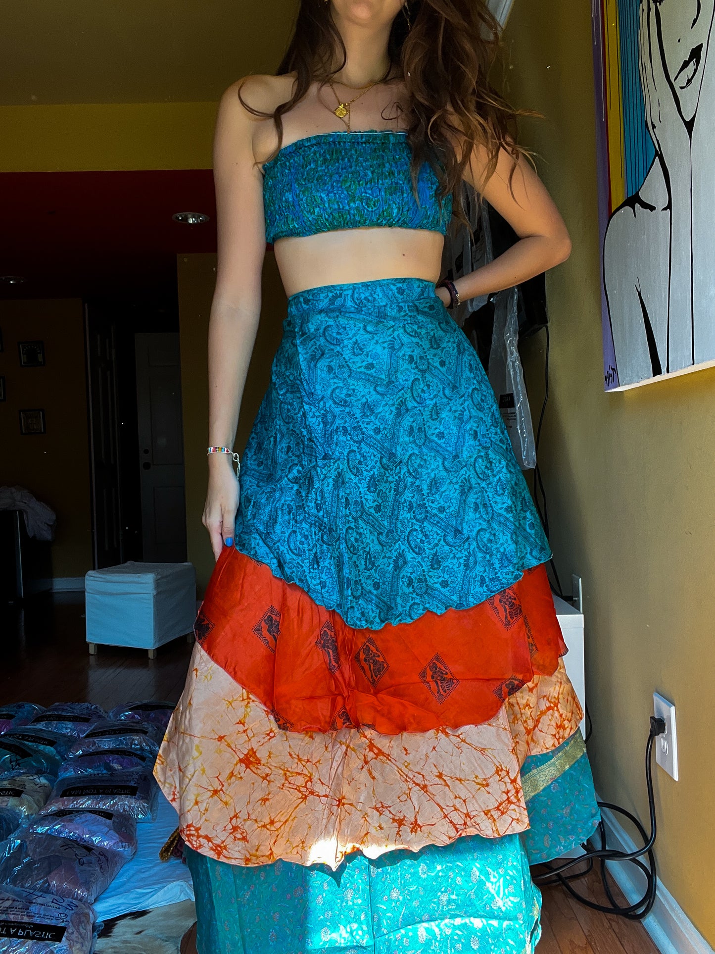 sari wrap skirt #94- blue, orange