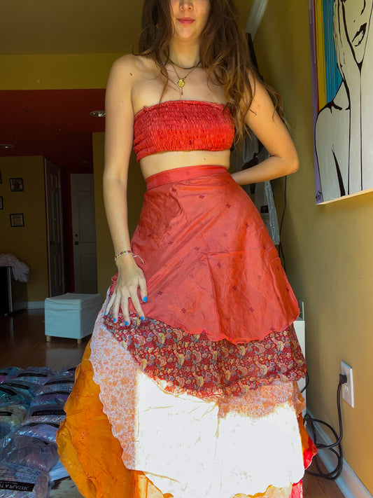sari wrap skirt #97- orange, creme