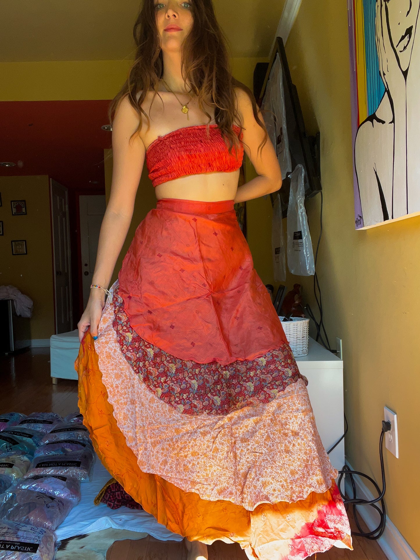 sari wrap skirt #97- orange, creme