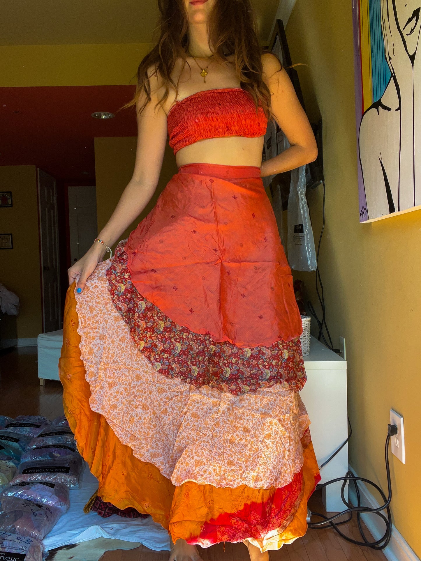 sari wrap skirt #97- orange, creme