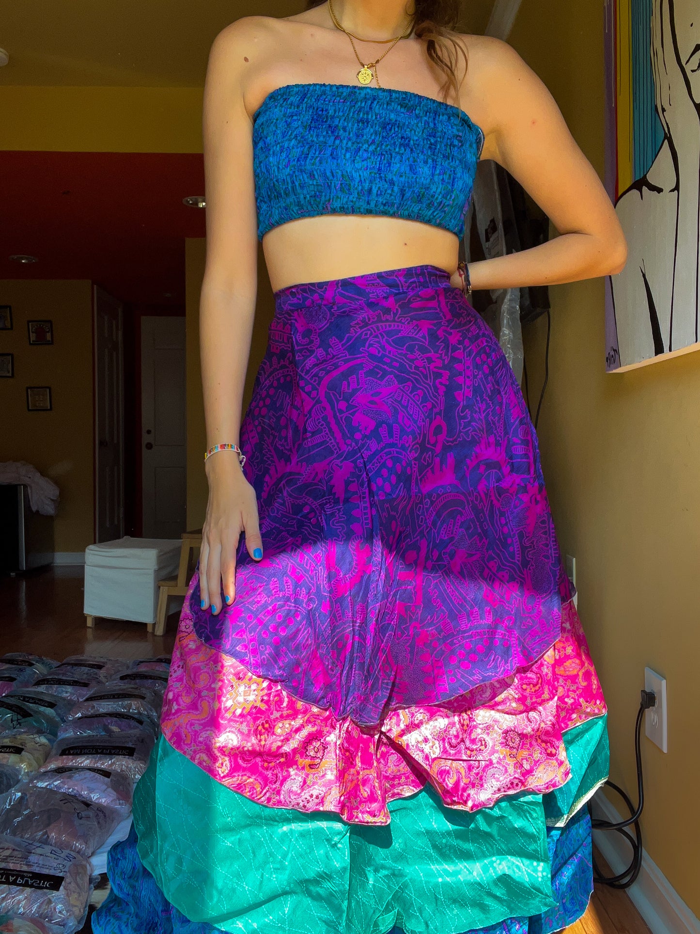 sari wrap skirt #98- pink, blue