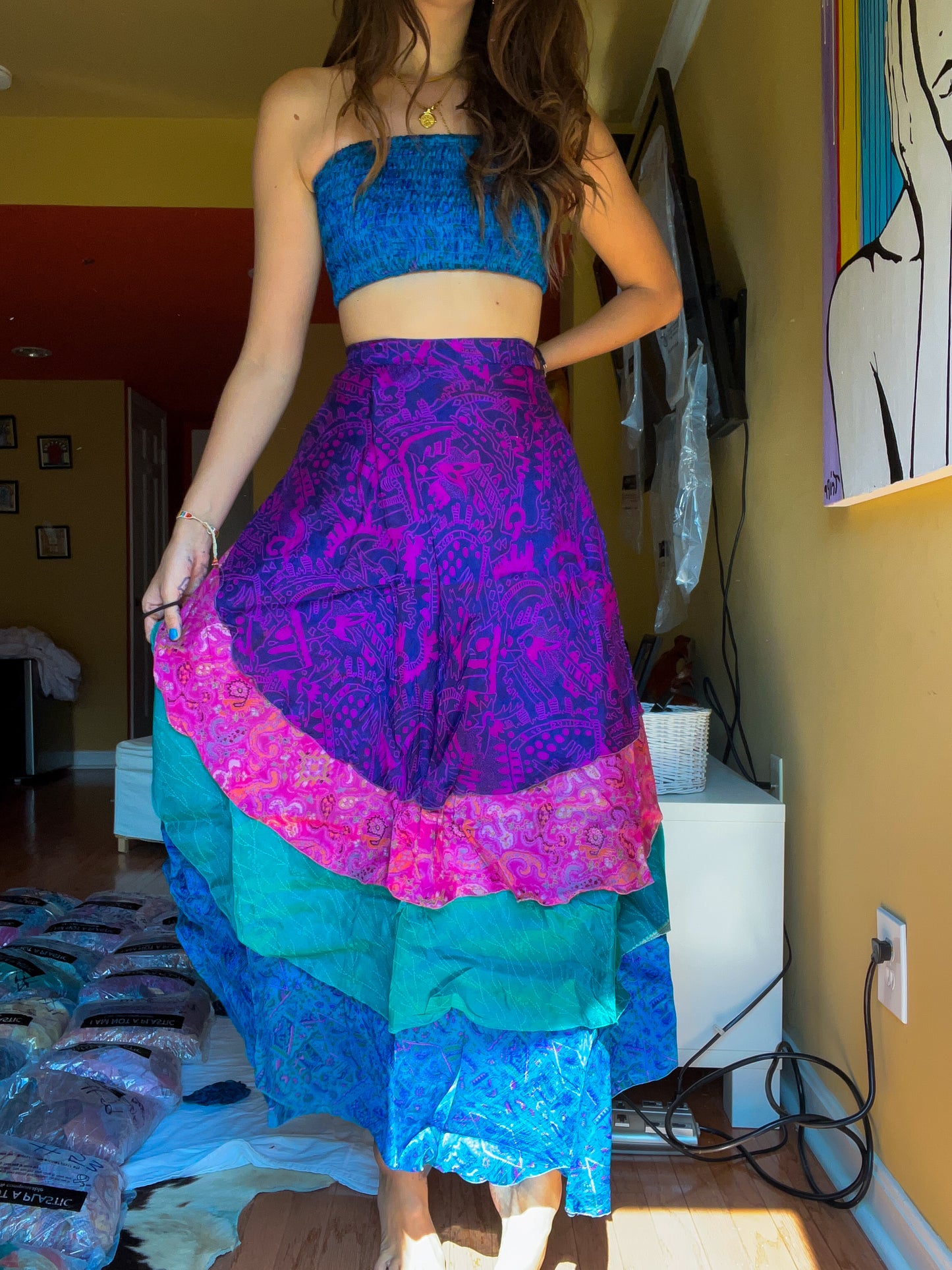 sari wrap skirt #98- pink, blue