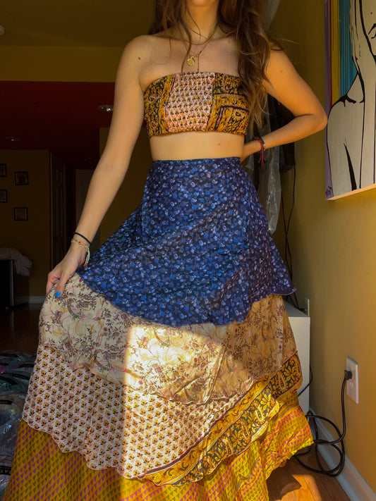 sari wrap skirt #99- yellow, blue