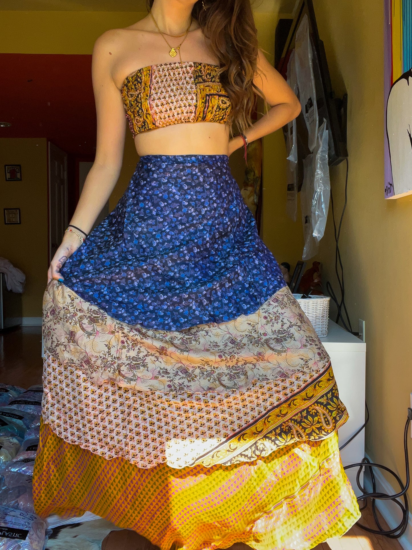 sari wrap skirt #99- yellow, blue