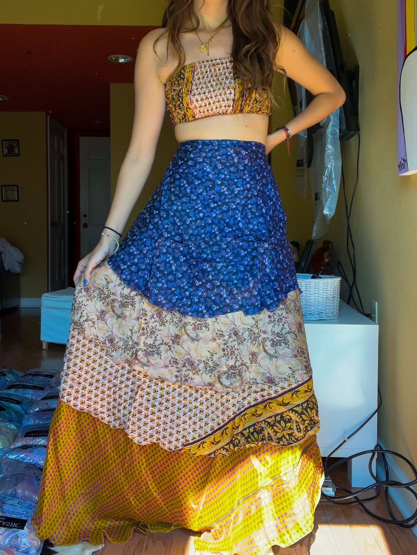 sari wrap skirt #99- yellow, blue