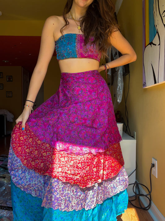sari wrap skirt #100- pink, blue, red