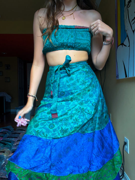 sari wrap skirt #102- green, blue