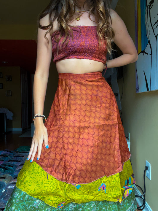 sari wrap skirt #103- green, beige, red