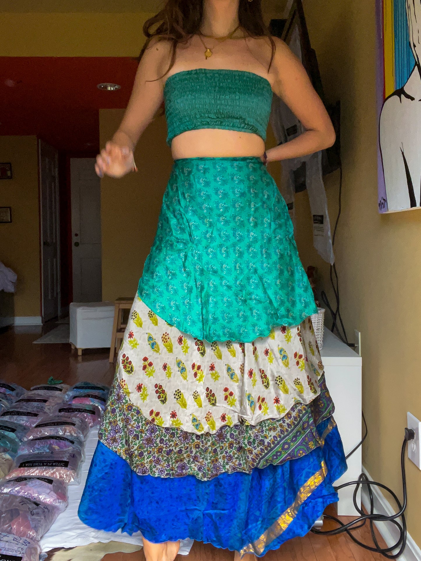 sari wrap skirt #107- green, blue