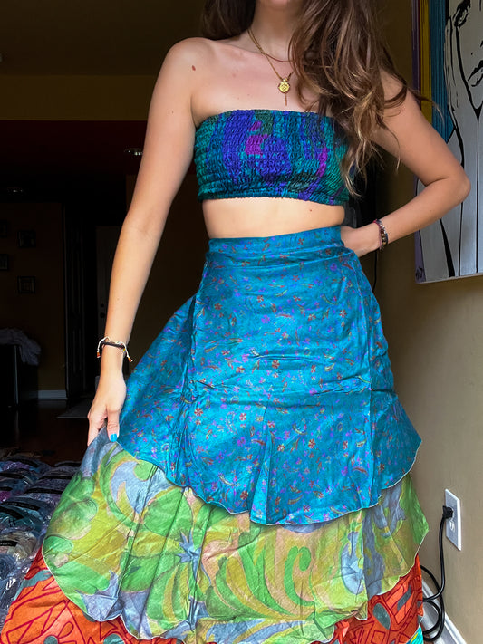 sari wrap skirt #109- green, blue