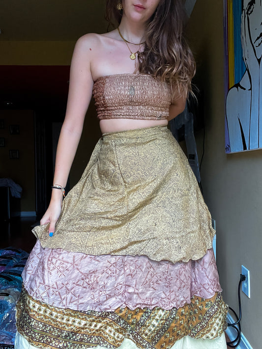 sari wrap skirt #110- creme, brown