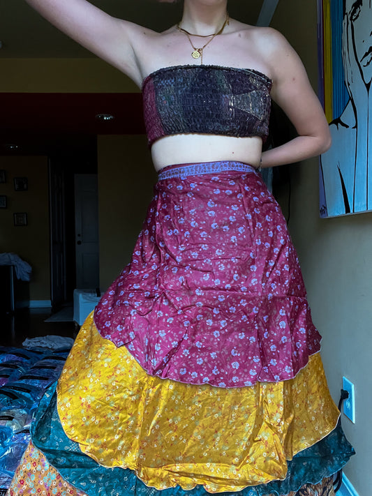 sari wrap skirt #111- brown, gold, dark blue