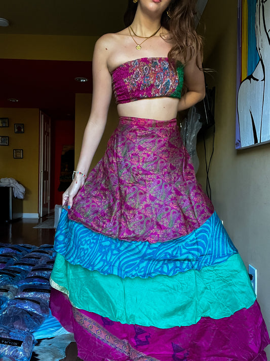 sari wrap skirt #114- Purple, green, fusia