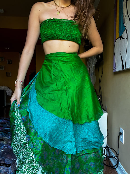 sari wrap skirt #115- Green