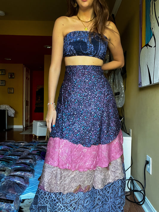 sari wrap skirt #116- Pink, purple, creme