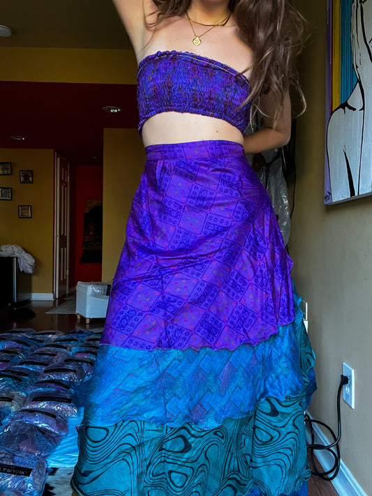 sari wrap skirt #119- Purple, green, blue