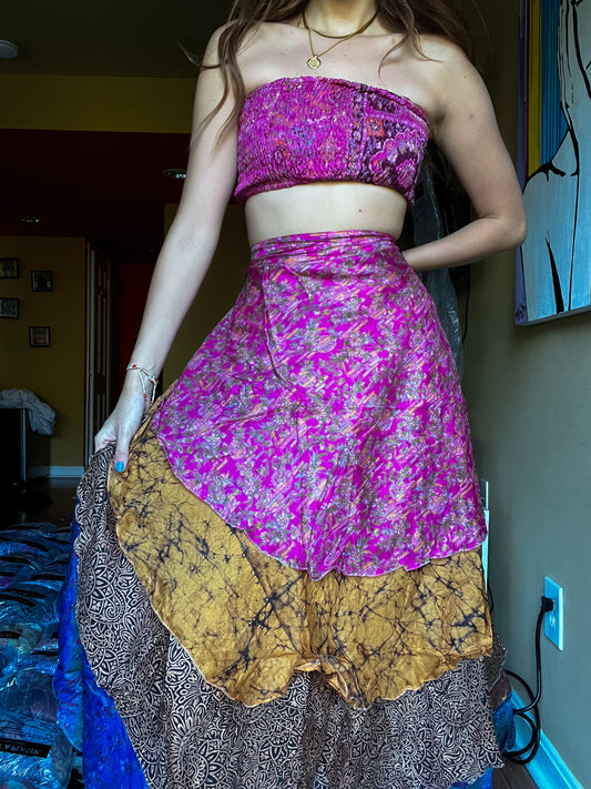 sari wrap skirt #122- pink, brown