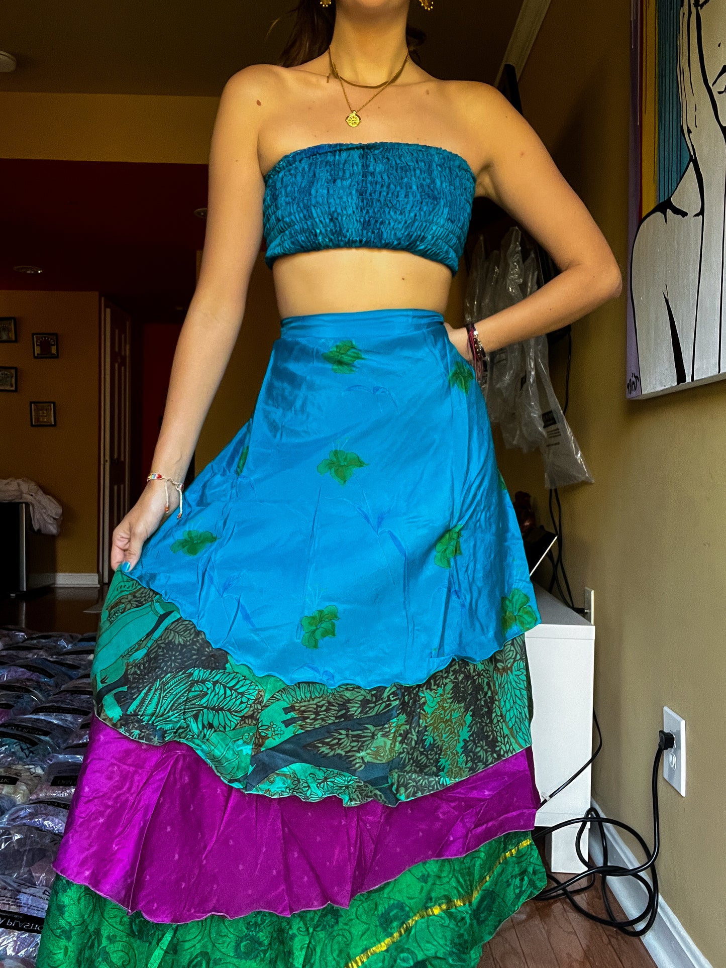 sari wrap skirt #123- Blue, green, fusia