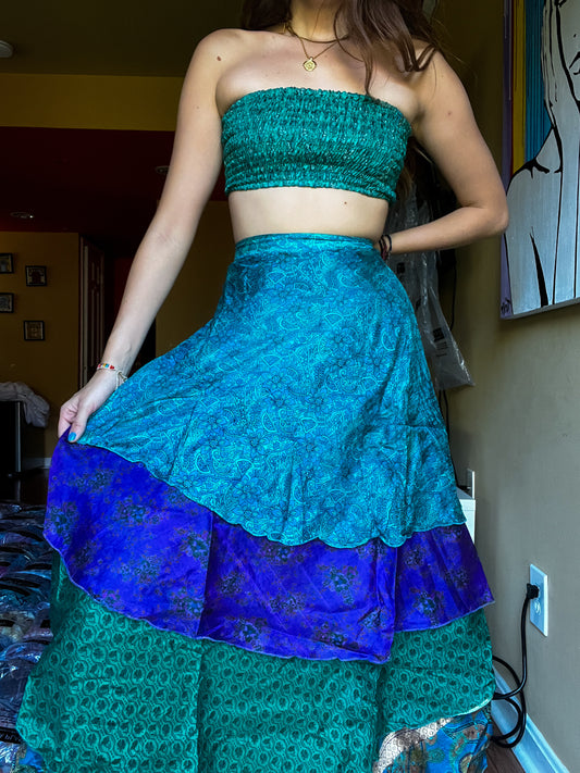 sari wrap skirt #125- green, blue