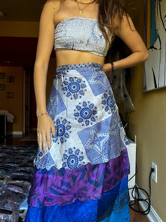 sari wrap skirt #126- blue, white