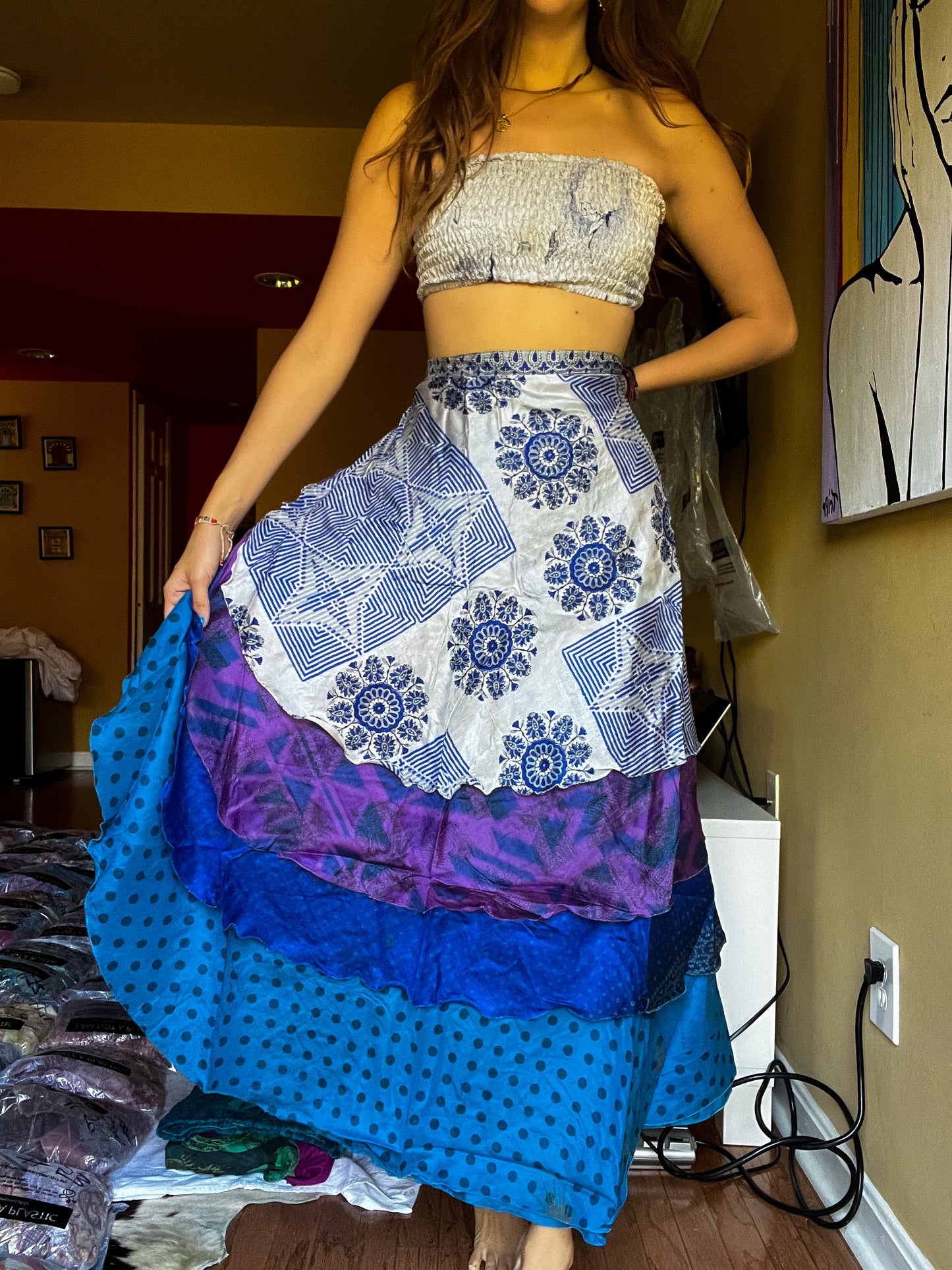 sari wrap skirt #126- blue, white
