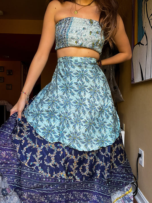 sari wrap skirt #127- grey, dark blue
