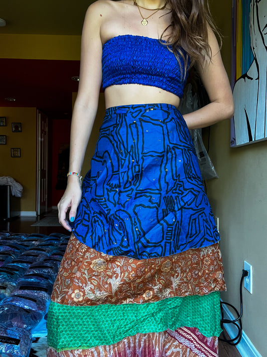 sari wrap skirt #128- blue, brown, green