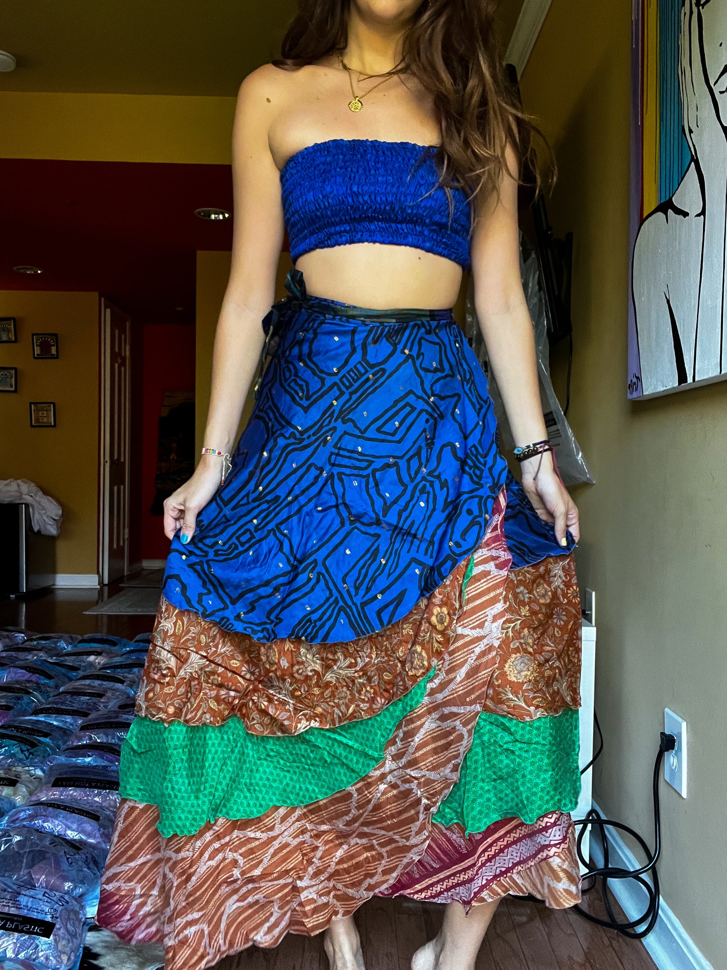 sari wrap skirt #128- blue, brown, green