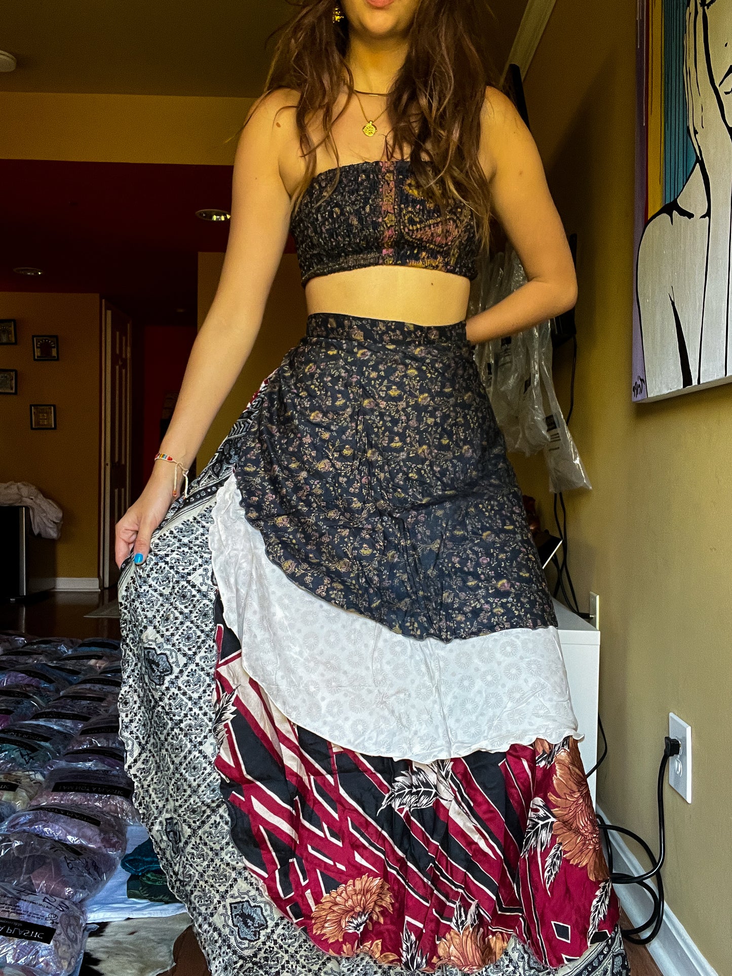 sari wrap skirt #130- black, white, red