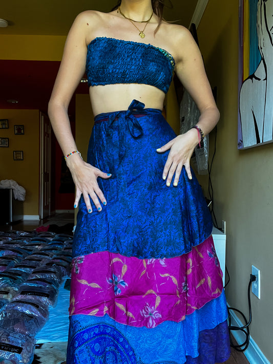 sari wrap skirt #131- blue, purple, pink